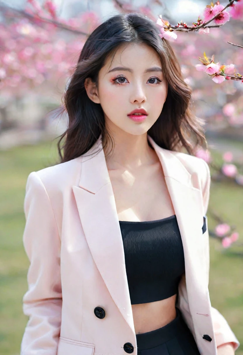 Gentle and beautiful woman, half body photo, delicate and sexy collarbone, charming oval face, double eyelids, smart peach blossom eyes, pink lips, small nose, bare shoulders, focused face, face close-up, ultra-high-definition, super Details, elegant standing, black British college style double-breasted casual loose Korean style small suit jacket, matched with black pleated skirt suit, big breasts