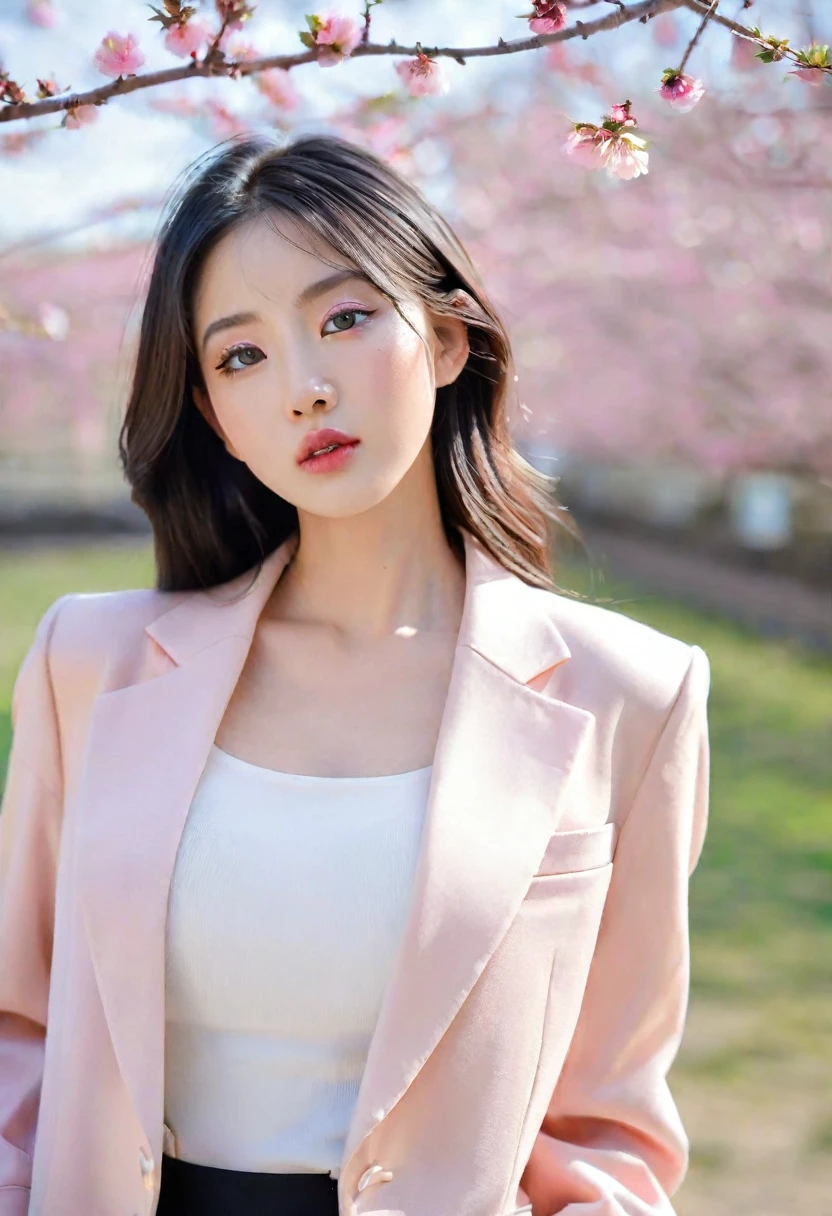 Gentle and beautiful woman, half body photo, delicate and sexy collarbone, charming oval face, double eyelids, smart peach blossom eyes, pink lips, small nose, bare shoulders, focused face, face close-up, ultra-high-definition, super Details, elegant standing, black British college style double-breasted casual loose Korean style small suit jacket, matched with black pleated skirt suit, big breasts