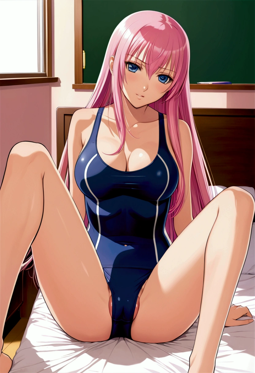 ((masterpiece)),(Detailed and beautiful depiction),Official Art,Beautiful adult woman,Megurine Luka,Pink long hair,blue eyes,Big Breasts,(School Swimsuit),Showing vagina up close,Spread your legs,sit,Erotic Seduction:2.0,Embarrassing gesture,bedroom