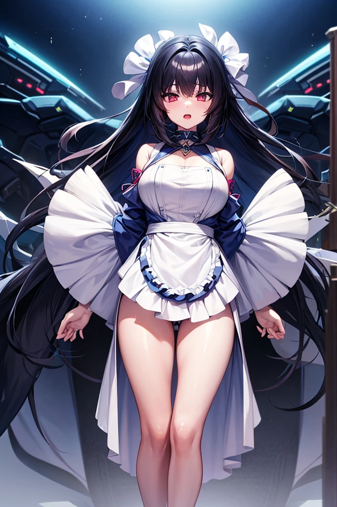 Anime characters (big) White apron and black hair, Azure Line Style, Fleet Series Style, Pixiv 3DCG, Ahegao, Kshat Garland, Anime Moe Art Style, From the Azure Root video game, Biomechanics , Highest ranking on Pixiv, Highest quality, 8k hd, Thigh Gap,