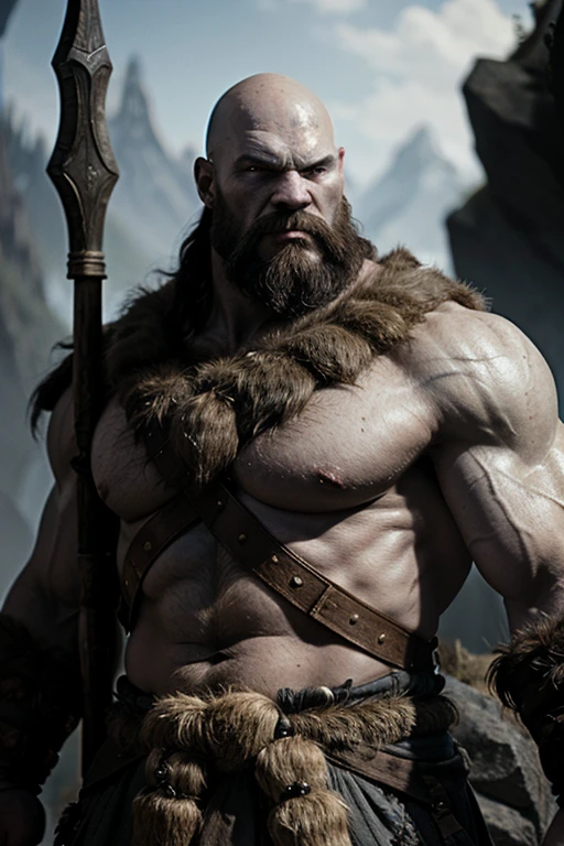 very bulky male stone giant with a bald head , he is wearing bearskin hide armour,  has a great club and the background is a cave throne, his skin made of grey stone