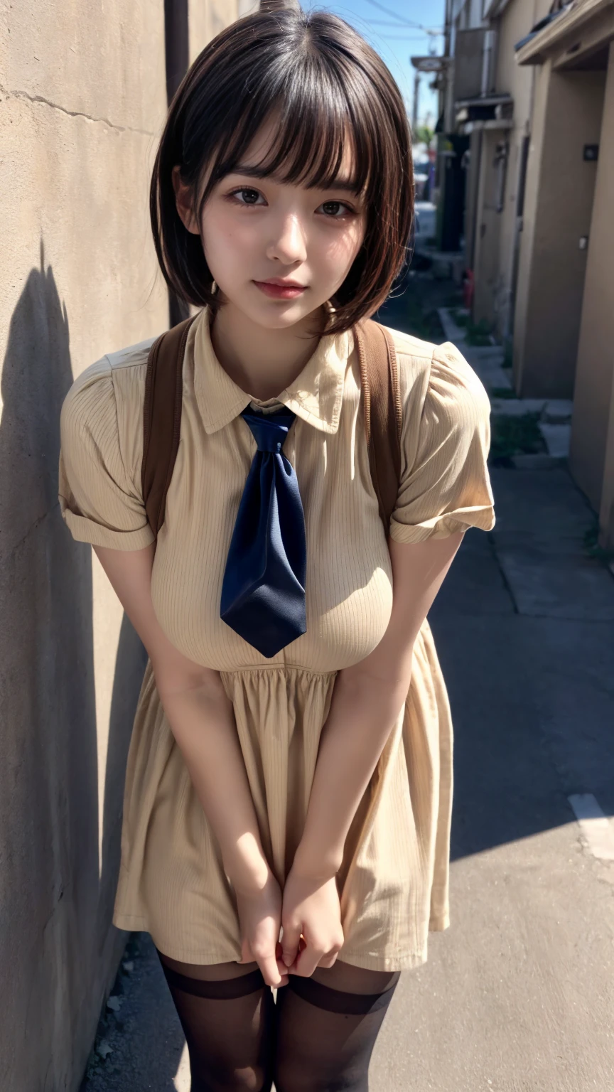 (absurdres:1.3), (highres:1.3), (ultra detailed:1.3),(1girl:1.3), (extremely detailed CG unity 8k wallpaper:1.3), (detailed skin texture, detailed cloth texture, detailed hair texture), (beautiful detailed face, supermodel, pale skin, realistic glistening skin), (RAW photo, best quality), (realistic, photo-realistic:1.4), masterpiece, extremely delicate and beautiful,Amazing, finely detail, extremely detailed CG unity 8k wallpaper, huge filesize, ultra-detailed, highres, absurdres, soft light,rim light, vibrant details, short bob hair, (large breasts:1.2), black hair color, Big Natural Color Lip, (perfect body shape), beautiful legs, BREAK (beige and brown theme:1.5), (school uniform:1.2), (fit body:1.3), (fusion of collared-shirt and beige and brown vertical stripe pattern sundress:1.5), (beige collar with brown tie:1.4), ((short sleeve, bare arms):1.3), (beige socks:1.2), (loafers:1.1), crying a little、little smile, Harajuku style、20 year old girl、cute type、ta、
