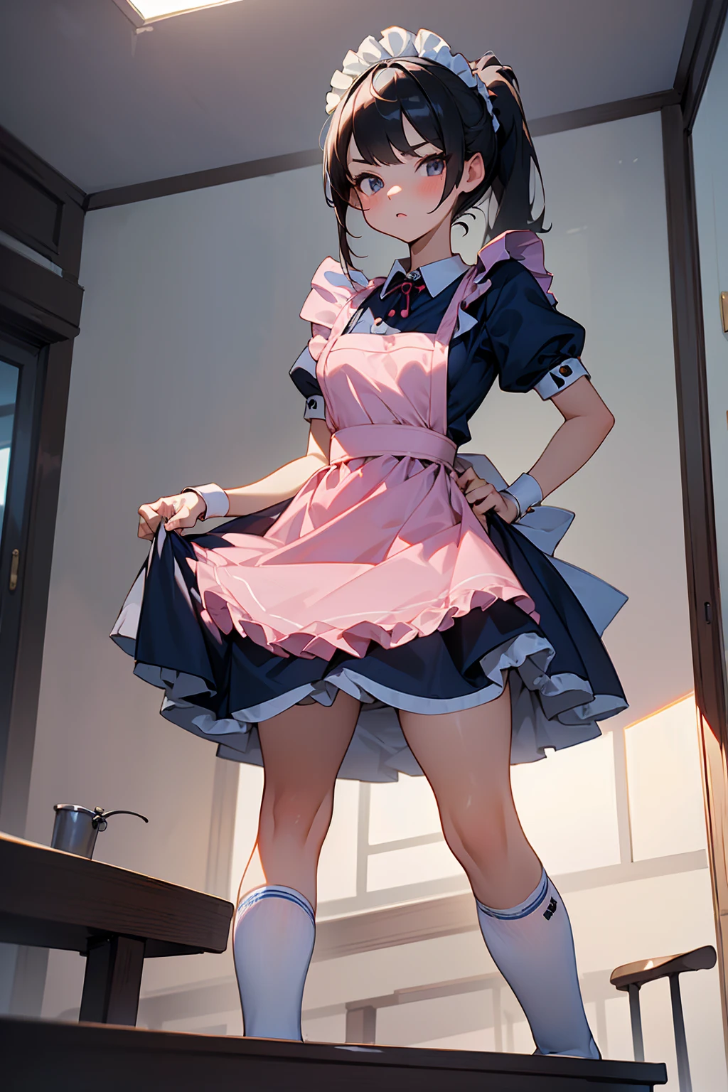 masterpiece, best quality, ultra detailed,super fine illustration, highly detailed beautiful face and eyes, 1girl, (cute), (kawaii), small breasts, (traditional maid collared shirt:1.3), mini skirt, (navy high socks), ponytail hair, standing, noshoes, (from below:1.3),