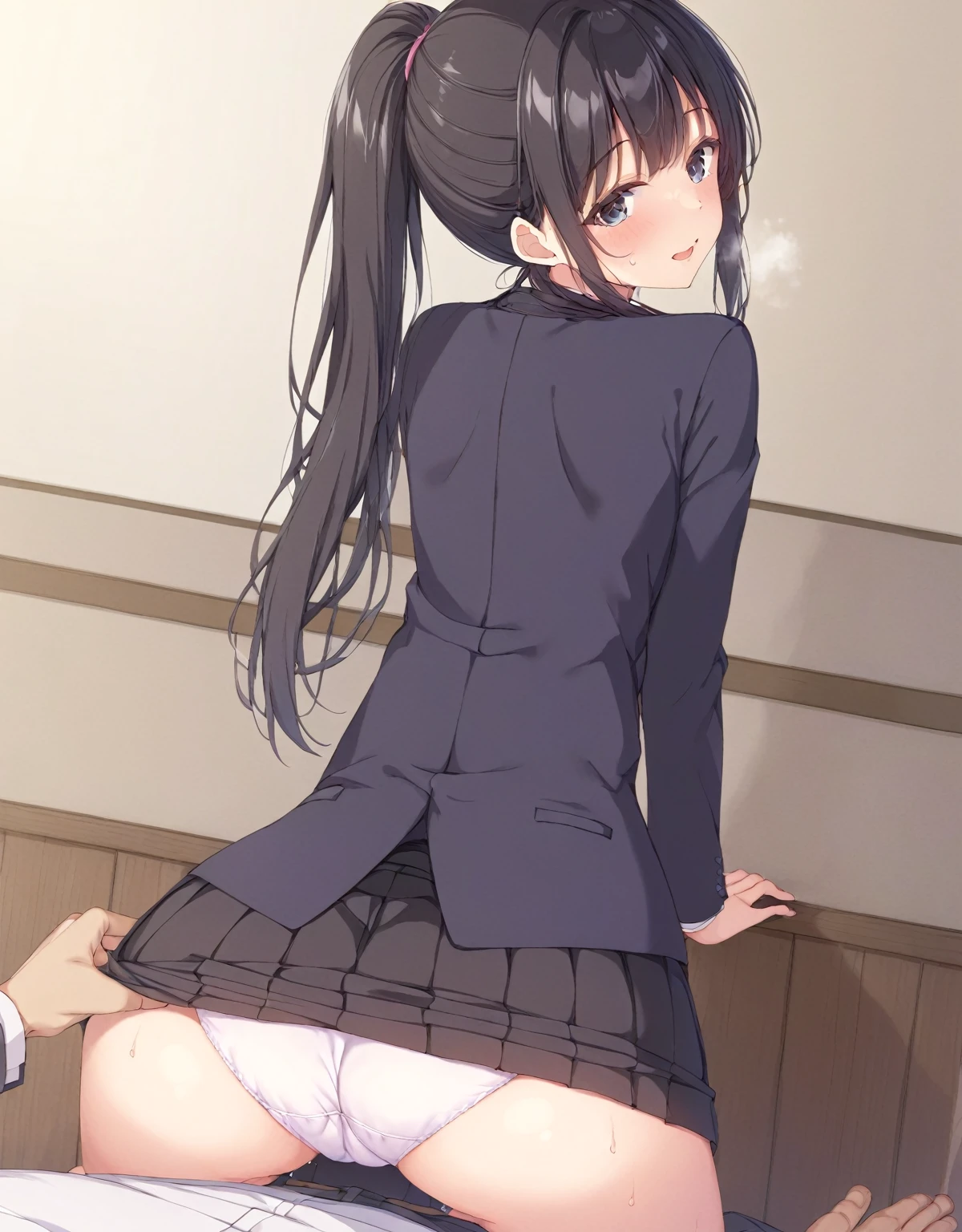 One person、masterpiece、Highest quality、Super detailed、High resolution illustrations、Improve skin quality、Increase eye appeal、Drawn in detail、Perfect body structure、Old woman、Business suit and tight skirt、On all fours、Buttを見せる、Butt、look back、Lift up the skirt、Showing off a plain looking pair of panties、Are thin、Tall、Buttが小さい、Skin blemishes、Skin wrinkles、Aged skin、Wrinkled skin、Outdoor、Embarrassing、Unpleasant、Sweat it out、Sigh、Heat、Black Hair、Downcast eyes、Watery eye、mole、Long Hair、ponytail、
