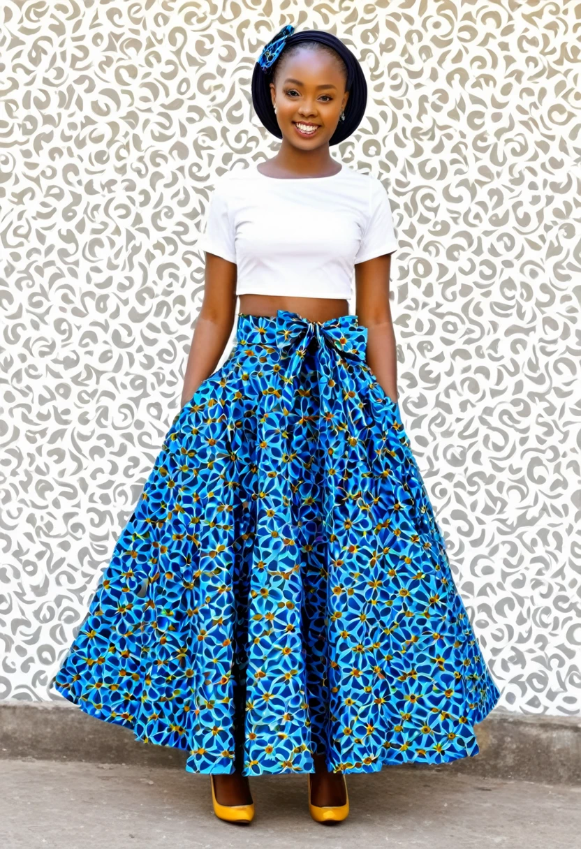 A flayered long chitenge material style skirt for teens with pockets and a belt on the waist with a small side flower or bow. It should be cool,fashionable,modest,fancy and decent. Something creative.