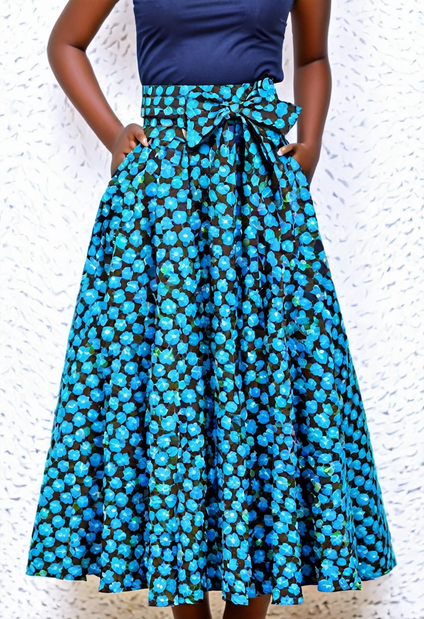 A flayered long chitenge material style skirt for teens with pockets and a belt on the waist with a small side flower or bow. It should be cool,fashionable,modest,fancy and decent. Something creative.