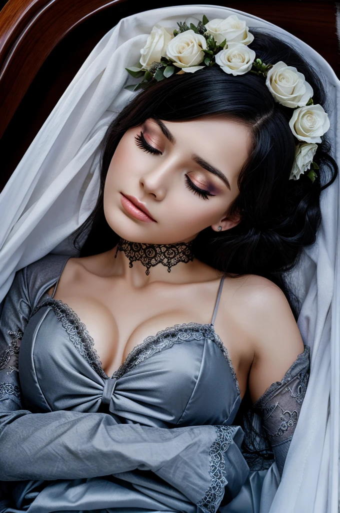 Beautiful dead bride girl in coffin closed eye closed mouth