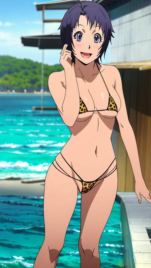 (masterpiece, 4K, Highest quality, anime style: 1.9, Detailed face, Lovely, Ocean,bold, High resolution, anime, Lake 4. alone, Curvaceous, Very slim belly, Cowboy Shot, 1 Girl,,(Leopard print micro bikini),,smile,Please open your mouth wide,View your viewers,(Mikage Aki/Silver Spoon),(Sexy pose),Naked in a swimsuit,blush