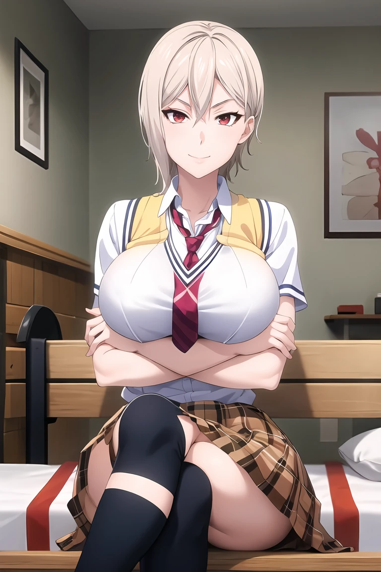 masterpiece, best quality, AliceKV4, 1girl, solo, looking at viewer, smile, parody, anime coloring, skirt, sitting, , necktie, socks, plaid, kneehighs, plaid skirt, crossed arms, crossed legs, striped necktie, ((upper body)), sweater vest, bench, big breasts, room, bed, indoors