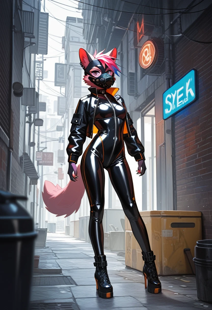 realistic, Highest quality, Highest quality, masterpiece, Ultra-high resolution, Detailed Background, Absurd, Alley, Graffiti art on the wall, Perfect Anatomy, performance, Good lighting, Shadows in the movies(kemono, Furry Personifi猫ion), Rubber Suit, White rubber body, Vibrant colors, Dynamic Lighting, Cyberpunk Eyes
