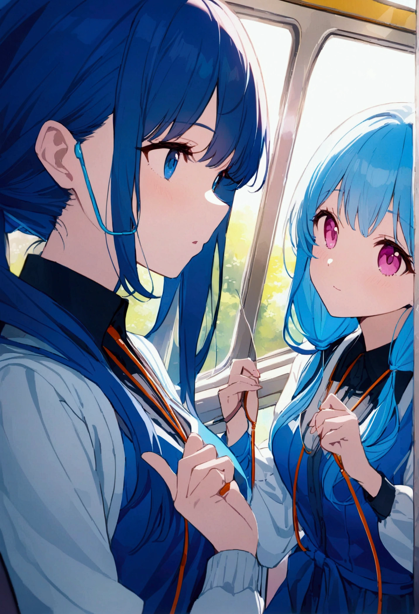 Beautiful and clear anime coloring, high resolution, dynamic angle, a blue-haired girl in a high , sharing a pair of earphones on the train with someone.