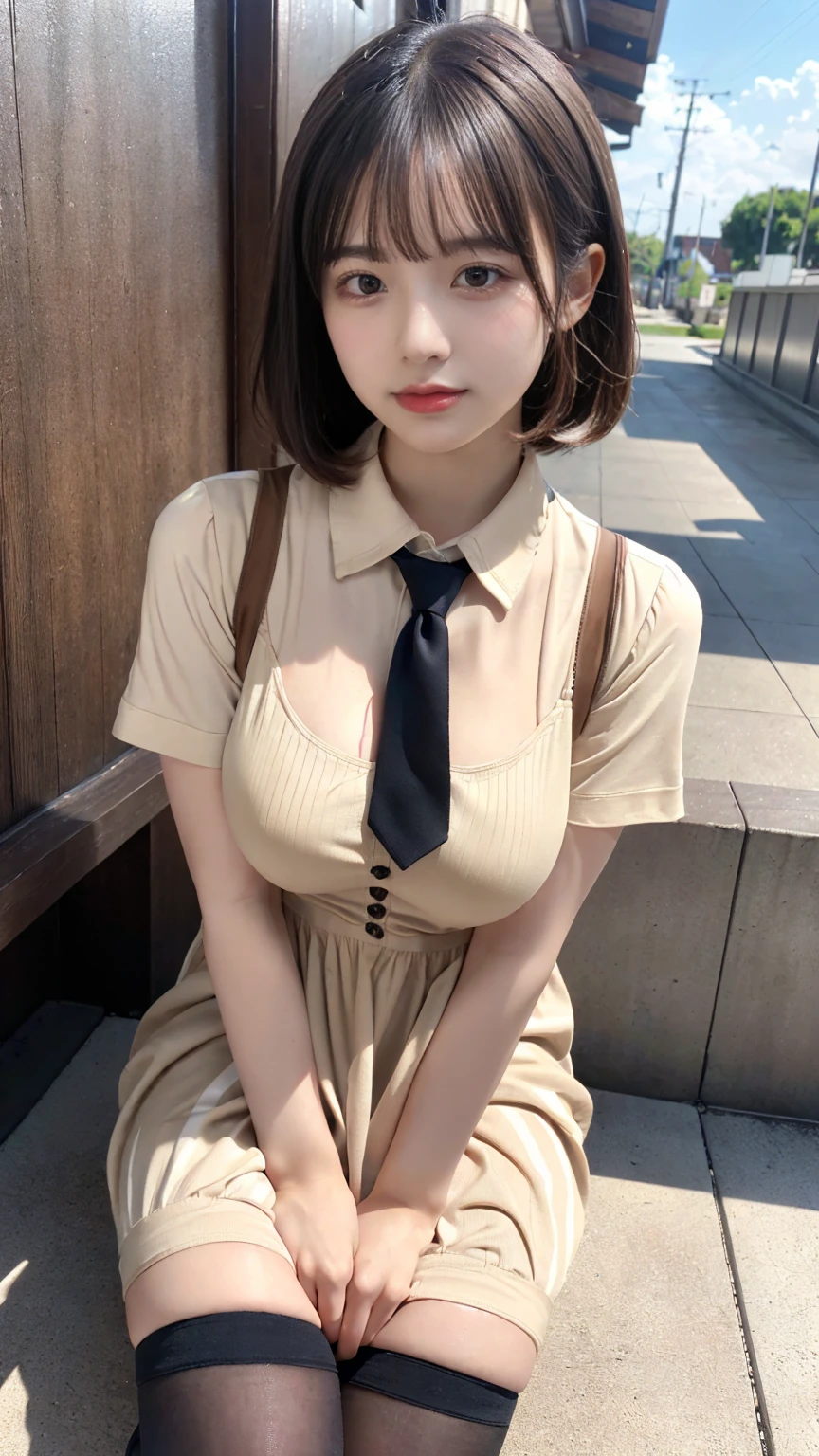 (absurdres:1.3), (highres:1.3), (ultra detailed:1.3),(1girl:1.3), (extremely detailed CG unity 8k wallpaper:1.3), (detailed skin texture, detailed cloth texture, detailed hair texture), (beautiful detailed face, supermodel, pale skin, realistic glistening skin), (RAW photo, best quality), (realistic, photo-realistic:1.4), masterpiece, extremely delicate and beautiful,Amazing, finely detail, extremely detailed CG unity 8k wallpaper, huge filesize, ultra-detailed, highres, absurdres, soft light,rim light, vibrant details, short bob hair, (large breasts:1.2), black hair color, Big Natural Color Lip, (perfect body shape), beautiful legs, BREAK (beige and brown theme:1.5), (school uniform:1.2), (fit body:1.3), (fusion of collared-shirt and beige and brown vertical stripe pattern sundress:1.5), (beige collar with brown tie:1.4), ((short sleeve, bare arms):1.3), (beige socks:1.2), (loafers:1.1), crying a little、little smile, Harajuku style、20 year old girl、cute type、ta、