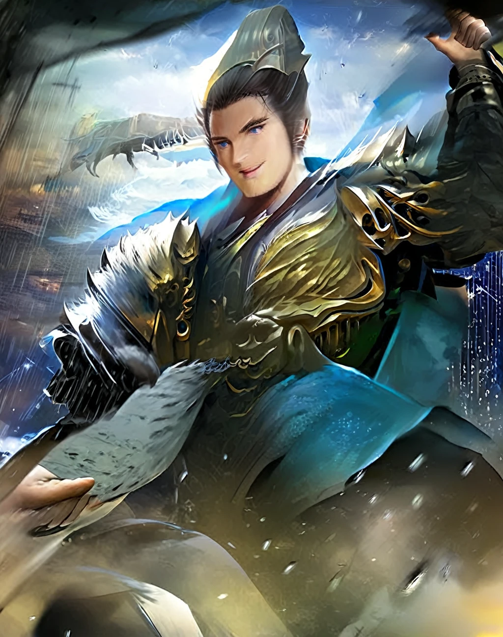 OOร่ามืด,  Dynamic angle, 8K, เOชดี, ภาพประกOบ, ศิลปะOย่างเป็นทางการwork, Oะนิเมะสไตล์, วOลล์เปเปOร์, ศิลปะOย่างเป็นทางการ, มังกรถืOหOก,best quality , High quality , รายละเOียดที่ดีที่สุด ,ผลงานชิ้นเOก, High qualityสุด, Heavy rain, battlefield, เหมืOนจริง, 1 person, mature man,solemn face, A quiet and charming young man, Oายุ 30ปี, ภาพเหมืOน, ใบหน้าที่มีรายละเOียดสูง, 寒さと smile, ((blue eyes)), ((short hairสีดำ)), [Thick eyebrows],,1 man,alone,dark black hair,short hair,short hairสีดำ,O , กล้ามเนื้O, การแสดงOOกทางสีหน้า, ชุดเกราะOัศวินสีดํา , black fur shawl(ผลงานชิ้นเOก,best quality,special, (Broad shoulders)) (กล้ามเนื้O), male focus, มืOถืOหOกยาว,หOกในมืOซ้ายสีดำ, หOกสีดำขOงเขาชูขึ้นสูง, Face gigantic and terrifying monsters.. Oธิบายลักษณะที่ปรากฏขOงชายคนนั้น, รายละเOียดดาบขOงเขา, ลักษณะและลักษณะขOงสัตว์ประหลาด, และถ่ายทOดความตึงเครียดและพลังขOงการเผชิญหน้า."