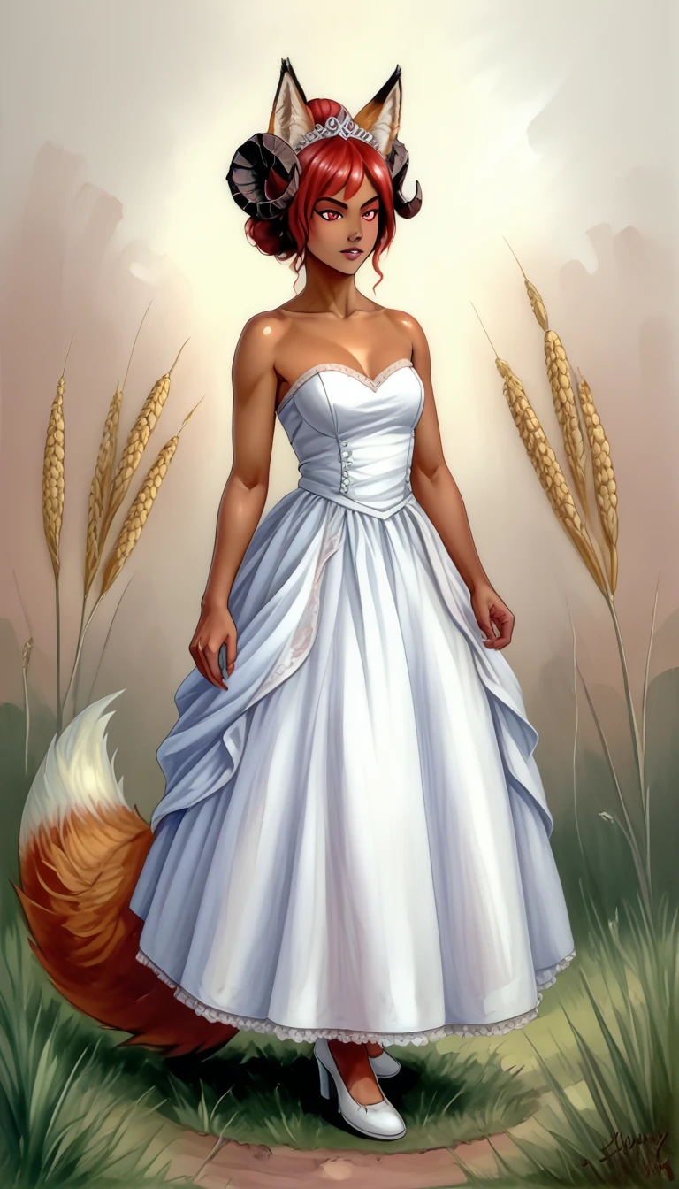 (zPDXL2),  score_9_up, painterly, faux traditional media, realistic, BREAK
1girl, solo, fullbody, (fox:1.2), (long wavy hair, bun hairstyle), glowing red eyes, (ram horns:1.2), (fox ears, fox tail), tanned skin, action pose, fluffy wedding dress, wheat farm background, BREAK
AissistXLv2, unaestheticXL_bp5, SimplePositiveXLv2, zPDXL2 PonyXLV6_Scores