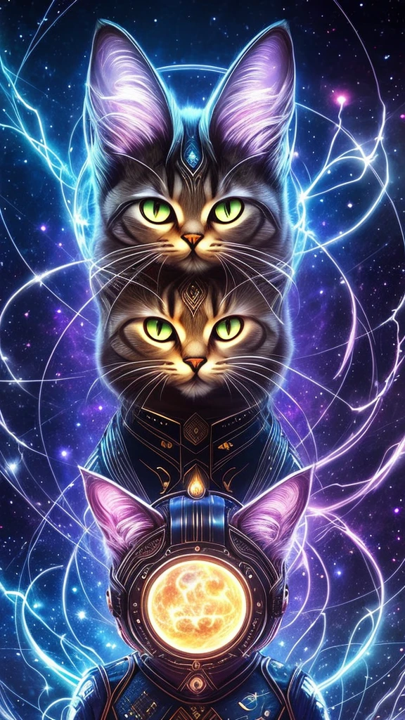 A galactic cat with a lot of hair on its head, The Third Eye, Staring at something in the distance, Intricate details, electrical, Fantasy Art, Anatole Finstock, Latex paint, Very detailed, Misty Rutkoski, Human Development Report, Ultra Detailed, Rim Light, fade, dim