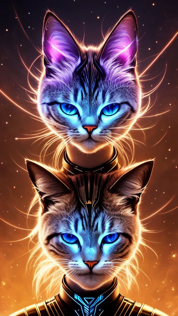A galactic cat with a lot of hair on its head, The Third Eye, Staring at something in the distance, Intricate details, electrical, Fantasy Art, Anatole Finstock, Latex paint, Very detailed, Misty Rutkoski, Human Development Report, Ultra Detailed, Rim Light, fade, dim