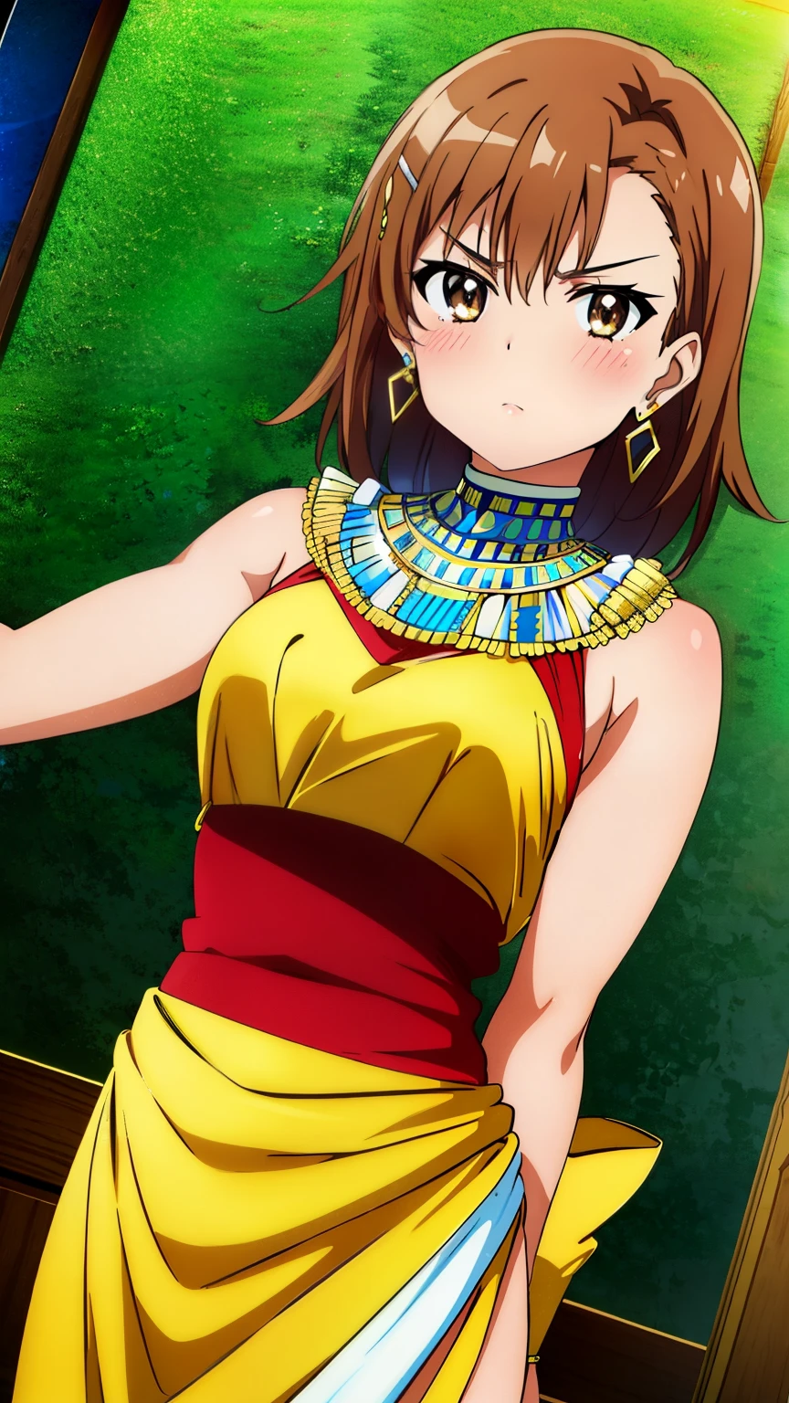 (masterpiece, best quality, 8k:1.2),Very detailed, (anime:1.1), misaka_mikoto, brown hair, medium hair, hairpin, medium breasts, 1girl, (strong, Egyptian costume, earrings, glare, blush), dutch angle, looking at viewer,