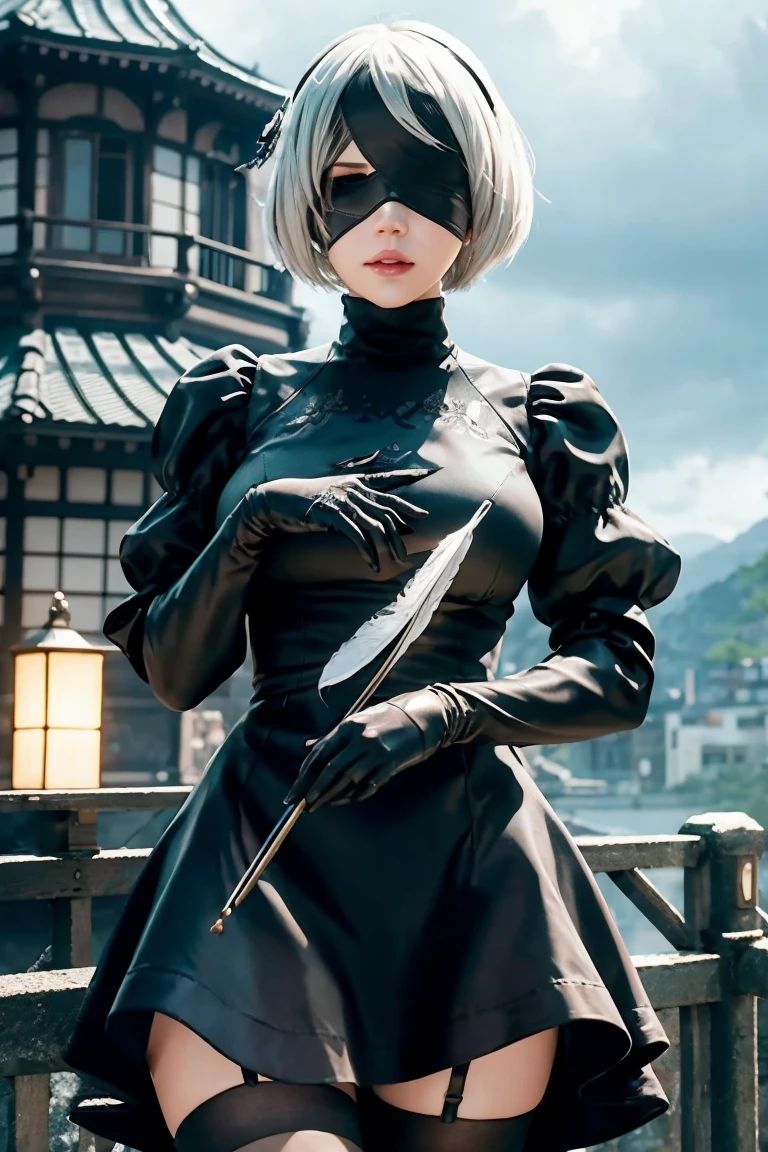 2B Nier Automata,Bobcut, Gray Hair,Long sleeve, Juliet Sleeve, White gloves, turtleneck, bangs, Feather ornament, Feather ornament sleeves, Blindfold, Black Goth Dress,Japanese Ultra HD,super high quality,masterpiece,Digital SLR,Photorealistic,Detailed details,Vivid details,Depicted in detail,A detailed face,Detailed details,Super Detail,Realistic skin texture,Anatomical basis,Perfect Anatomy,Anatomically correct hand,Anatomically correct fingers,Complex 3D rendering,Sexy pose,Rainy Sky,Beautiful scenery,Fantastic rainy sky,Fantasy worldview,Picturesque,Pink Lips,Black butterfly々Fluttering,Black Rose Field,