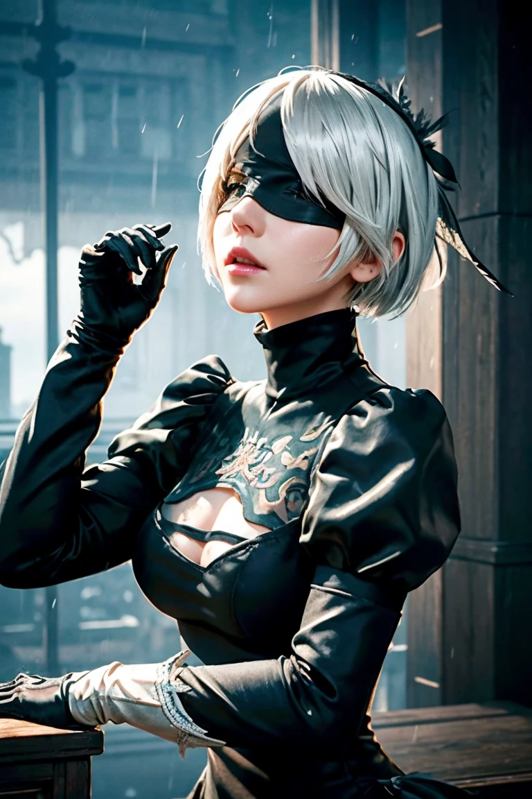 2B Nier Automata,Bobcut, Gray Hair,Long sleeve, Juliet Sleeve, White gloves, turtleneck, bangs, Feather ornament, Feather ornament sleeves, Blindfold, Black Goth Dress,Japanese Ultra HD,super high quality,masterpiece,Digital SLR,Photorealistic,Detailed details,Vivid details,Depicted in detail,A detailed face,Detailed details,Super Detail,Realistic skin texture,Anatomical basis,Perfect Anatomy,Anatomically correct hand,Anatomically correct fingers,Complex 3D rendering,Sexy pose,Rainy Sky,Beautiful scenery,Fantastic rainy sky,Fantasy worldview,Picturesque,Pink Lips,Black butterfly々Fluttering,Black Rose Field,