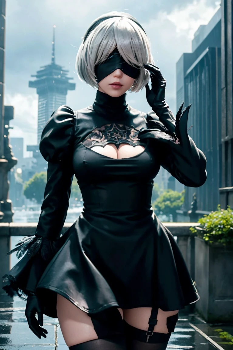 2B Nier Automata,Bobcut, Gray Hair,Long sleeve, Juliet Sleeve, White gloves, turtleneck, bangs, Feather ornament, Feather ornament sleeves, Blindfold, Black Goth Dress,Japanese Ultra HD,super high quality,masterpiece,Digital SLR,Photorealistic,Detailed details,Vivid details,Depicted in detail,A detailed face,Detailed details,Super Detail,Realistic skin texture,Anatomical basis,Perfect Anatomy,Anatomically correct hand,Anatomically correct fingers,Complex 3D rendering,Sexy pose,Rainy Sky,Beautiful scenery,Fantastic rainy sky,Fantasy worldview,Picturesque,Pink Lips,Black butterfly々Fluttering,Black Rose Field,