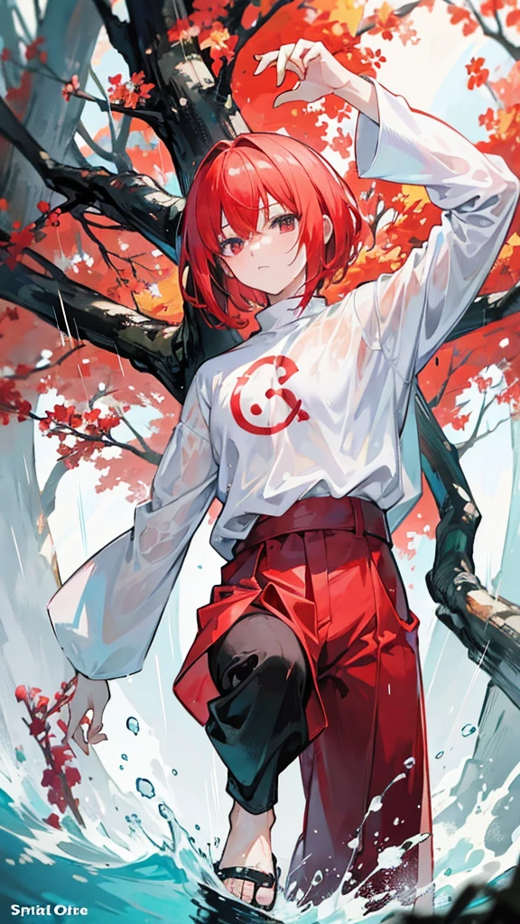 an anime character "shanks" in the "one pice" series wears a white shirt, red trousers down to the knee, and a black robe, red, short hair, with HD resolution, 4k anime with a forest and water background, falling rain. wet .