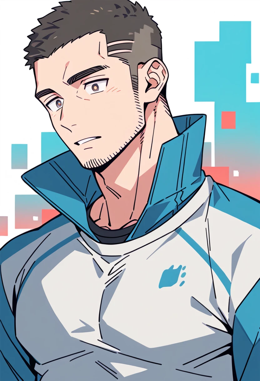 anime characters:Priapus, Muscle Sports Student, Buzz Cut, Manliness, male focus, Light Grey high collar long sleeve tight T-shirt, Very tight, full and perky chest muscles, muscular male, muscular, only, Upper body, alone, Black short hair, Thick eyebrows, stubble, Brown-red pupils, White background, simple background, amazing quality, best aesthetics, Ridiculous, crew cut, parted lips, flustered, endured face, negative space, best quality