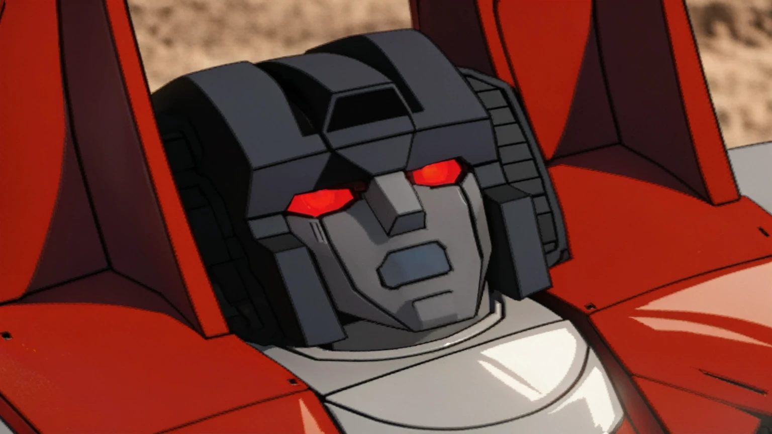 The background is blurred、Rendered metal texture、Respect for the original、 (8k Remaster、G1 Transformers, Details of the masterpiece, GeForce RTX4090、starscream, Beautifully rendered、3d, CG, Not unnatural, Surreal, DLSS, perfect dimming,) Close-up view of the robot, Face close-up, Higher resolution, upscale,