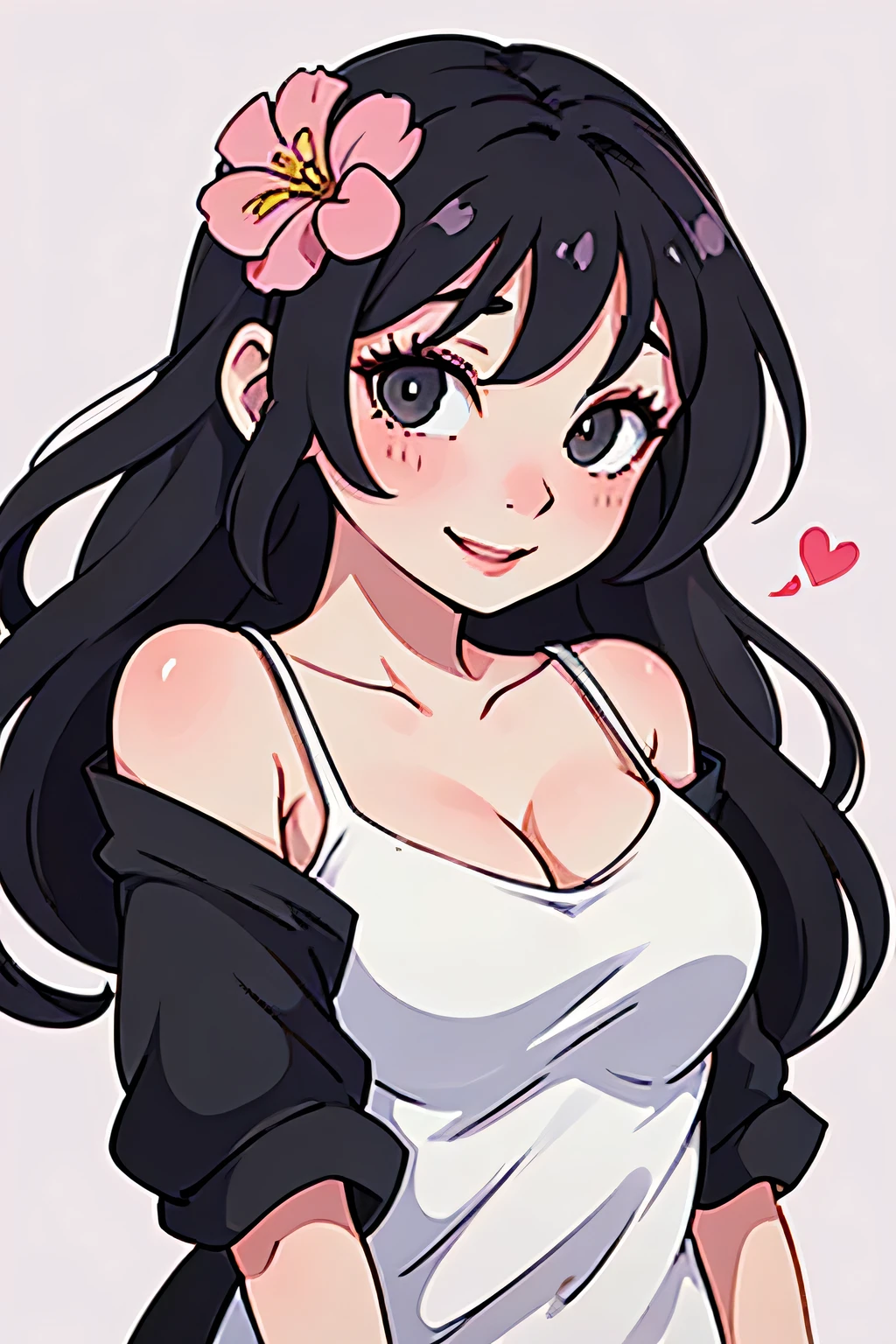 Sexy and cute woman, woman in love, black hair braided, very seductive and soft eyes, blushing hard, pink lips parted, seductive smile, long neck, collarbone, medium chest, cleavage, off shoulder t shirt, no straps, bare shoulders