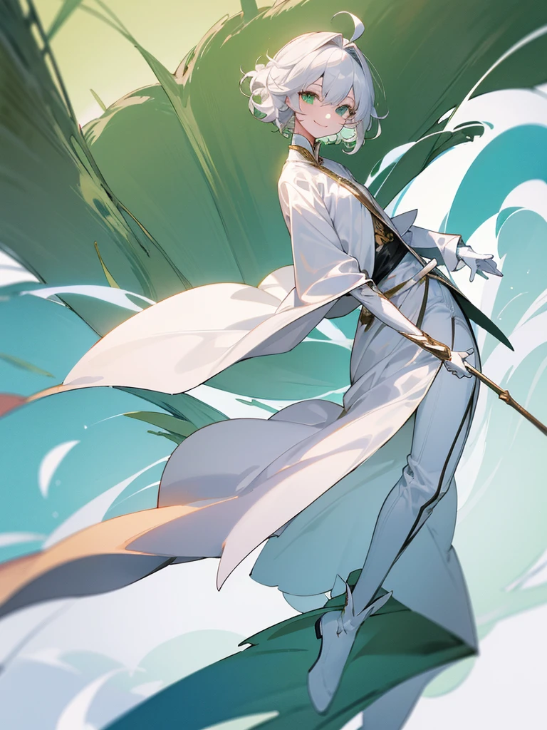 Elf, silver hair,short hair, medium cut, ahoge, curly hair,green eyes,slender, fair skin, cool Smile, robe, White gloves, long boots, pants,