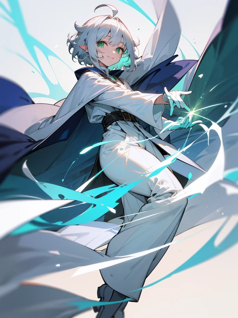 Elf, silver hair,short hair, medium cut, ahoge, curly hair,green eyes,slender, fair skin, cool Smile, robe, White gloves, long boots, pants,