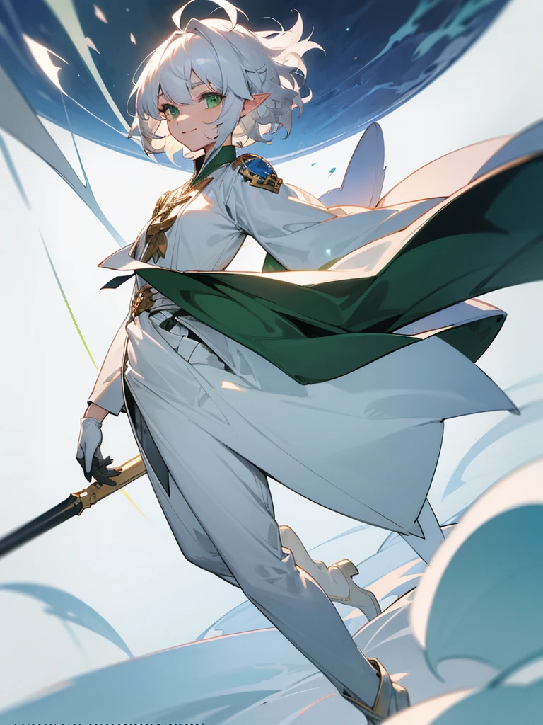 Elf, silver hair,short hair, medium cut, ahoge, curly hair,green eyes,slender, fair skin, cool Smile, robe, White gloves, long boots, pants,