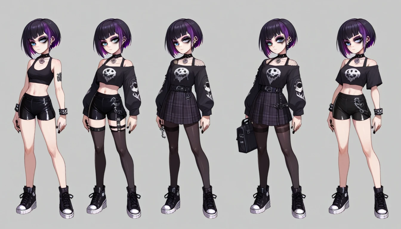 Solo, score_9,score_8_up,score_7_up, source_girl, goth girl, teenage female, black hair, goth style hair, wearing black bike shorts, black spandex shorts, 1.3, goth makeup, fishnet, wearing goth clothes, goth, emo, goth outfit, standing, solo, full body, blue eyes, black clothes, plaid skirt, black spandex shorts, (short hair), character design, paper doll sheet, (purple highlights), Black and purple hair,