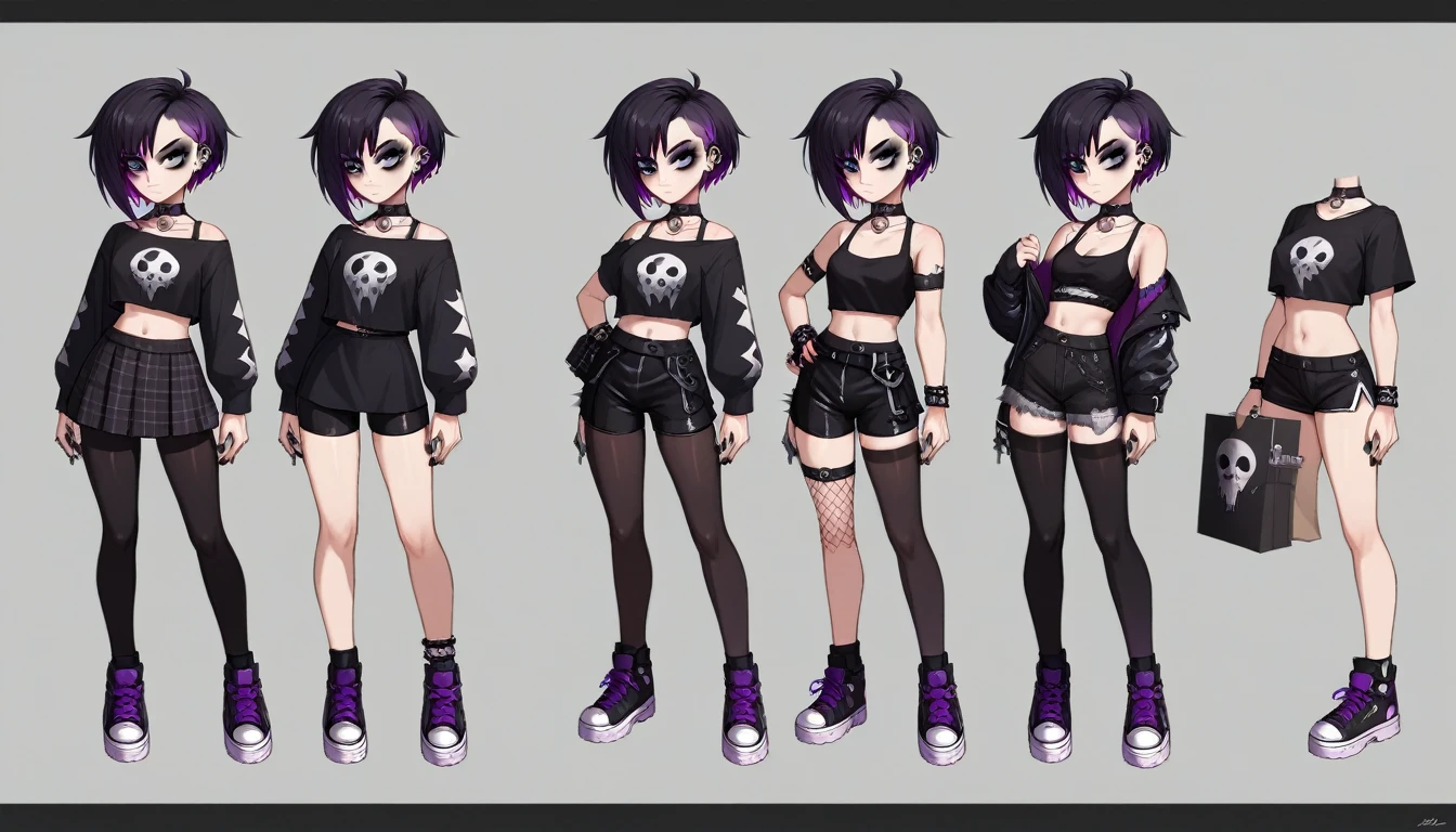 Solo, score_9,score_8_up,score_7_up, source_girl, goth girl, teenage female, black hair, goth style hair, wearing black bike shorts, black spandex shorts, 1.3, goth makeup, fishnet, wearing goth clothes, goth, emo, goth outfit, standing, solo, full body, blue eyes, black clothes, plaid skirt, black spandex shorts, (short hair), character design, paper doll sheet, (purple highlights), Black and purple hair,