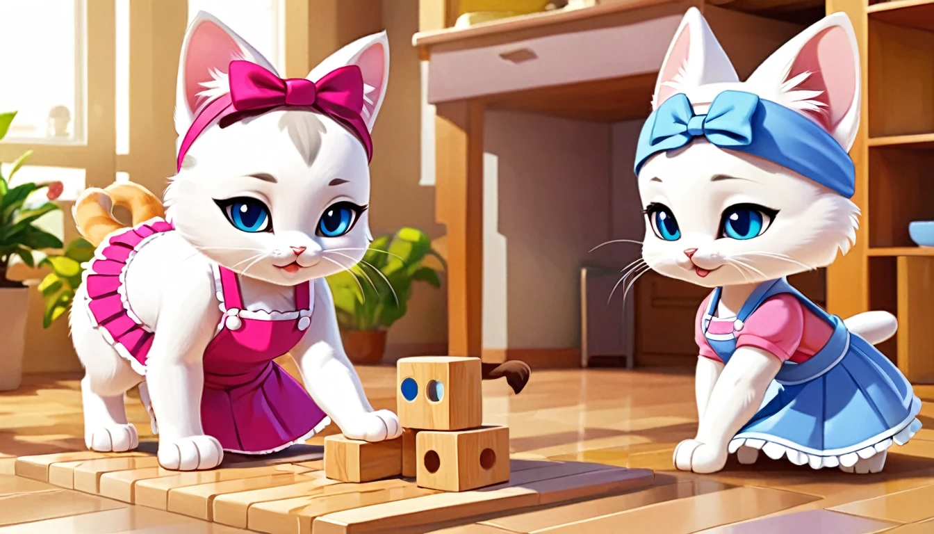 In the warm home of log style，There are two cats，A white cartoon 3D cat mother wearing a pink apron sweeping the floor，A white cartoon 3D kitten wearing a blue skirt，Cat wearing a headband playing with building blocks，The picture is warm