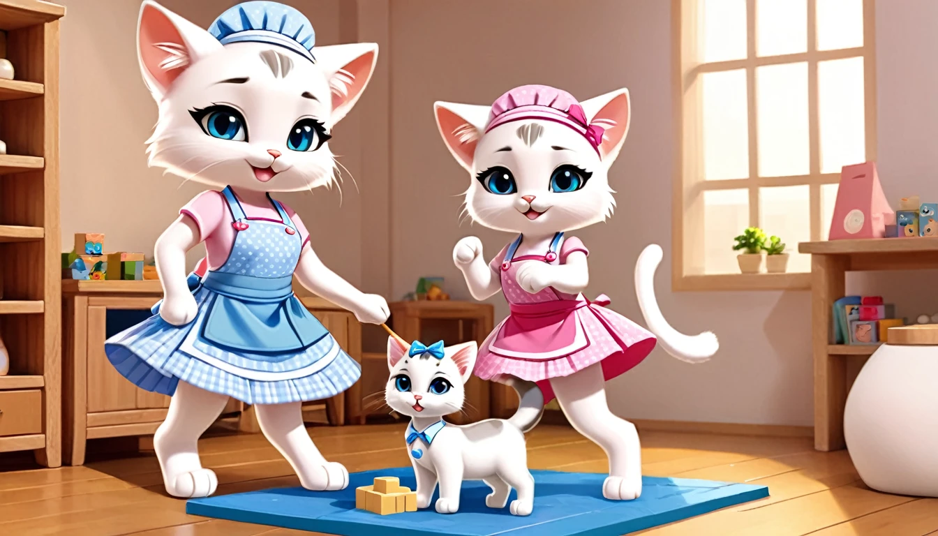 In the warm home of log style，There are two cats，A white cartoon 3D cat mother wearing a pink apron sweeping the floor，A white cartoon 3D kitten wearing a blue skirt，Cat wearing a headband playing with building blocks，The picture is warm