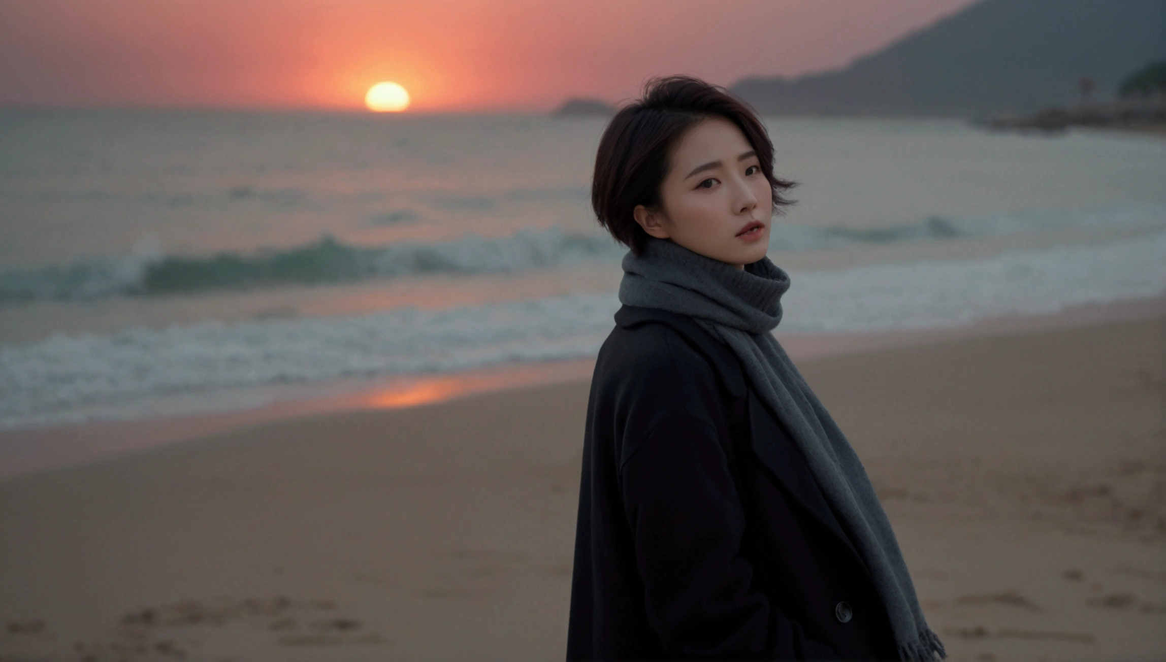 8K, 超high resolution, best quality, masterpiece, 1 woman, (36 years old:1.3), Korean woman,(wearing a long winter coat and scarf、turtleneck, Thin black double sided updo :1.5)、(The woman turned around with a very sad expression., 겨울 해변에서 바람에 휘날리는 short medium hair, her hair blowing in the wind:1.5)、(blurred background:1.5)、(red sky at sunset:1.5)、(complete anatomy:1.5) (full finger:1.3)、realistic、Life drawing、high resolution、beautiful details、((thin legs))、red light of sunset, light and shadow, short medium hair,1 female camera 16-35 wide angle lens, 해변을 걷는 full body shot, black skirt, hair that touches the shoulders, standing on the beach, full body shot, bob hair