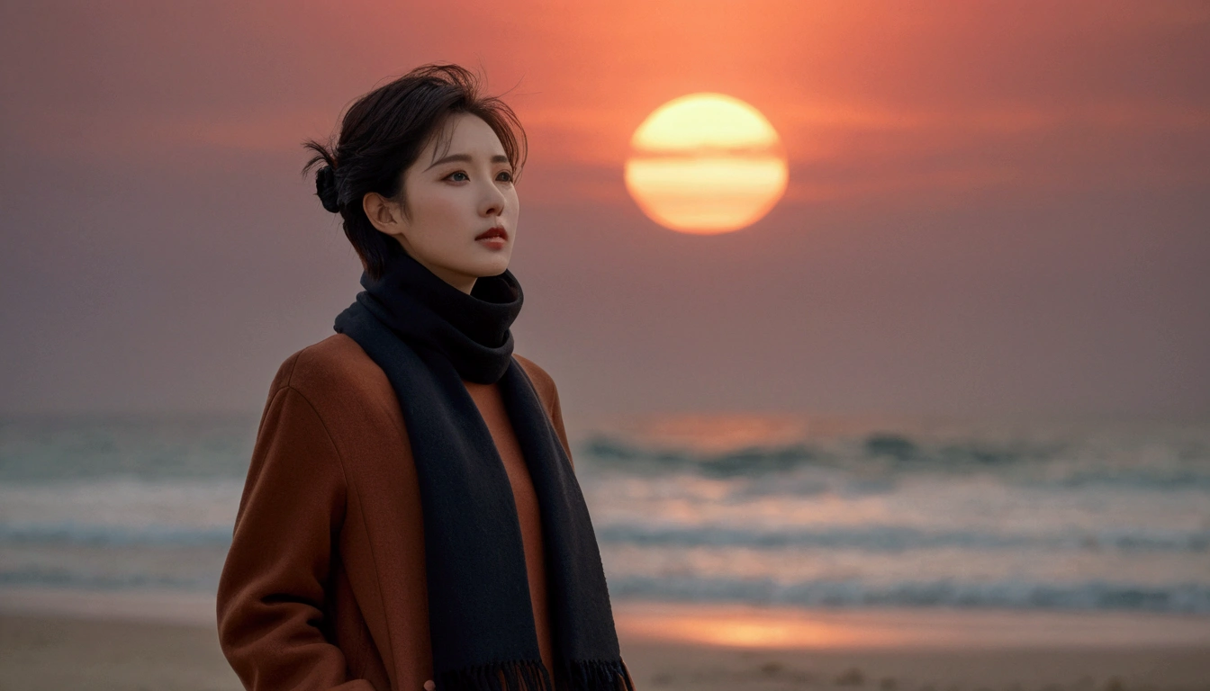 8K, 超high resolution, best quality, masterpiece, 1 woman, (36 years old:1.3), Korean woman,(wearing a long winter coat and scarf、turtleneck, Thin black double sided updo :1.5)、(The woman turned around with a very sad expression., 겨울 해변에서 바람에 휘날리는 short medium hair, her hair blowing in the wind:1.5)、(blurred background:1.5)、(red sky at sunset:1.5)、(complete anatomy:1.5) (full finger:1.3)、realistic、Life drawing、high resolution、beautiful details、((thin legs))、red light of sunset, light and shadow, short medium hair,1 female camera 16-35 wide angle lens, 해변을 걷는 full body shot, black skirt, hair that touches the shoulders, standing on the beach, full body shot, bob hair