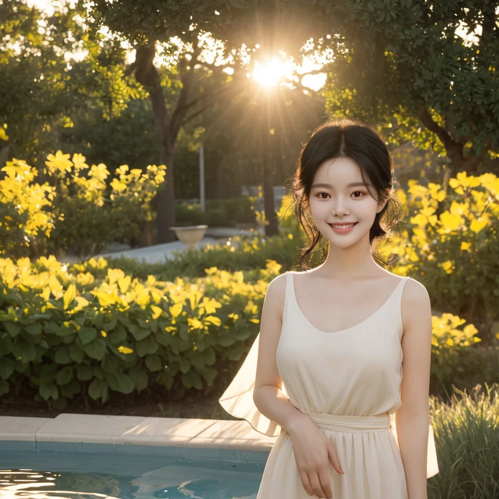 ong, black hair, standing and smiling under the warm sunlight. She has beautiful, radiant skin and is bathed in the gentle glow of the sun. The setting captures her elegance and the serene atmosphere, showcasing her as the epitome of natural beauty.