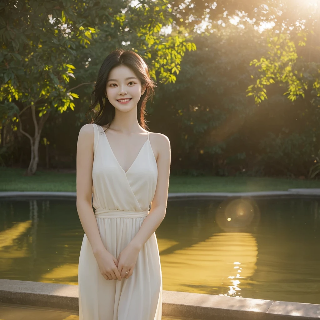 ong, black hair, standing and smiling under the warm sunlight. She has beautiful, radiant skin and is bathed in the gentle glow of the sun. The setting captures her elegance and the serene atmosphere, showcasing her as the epitome of natural beauty.