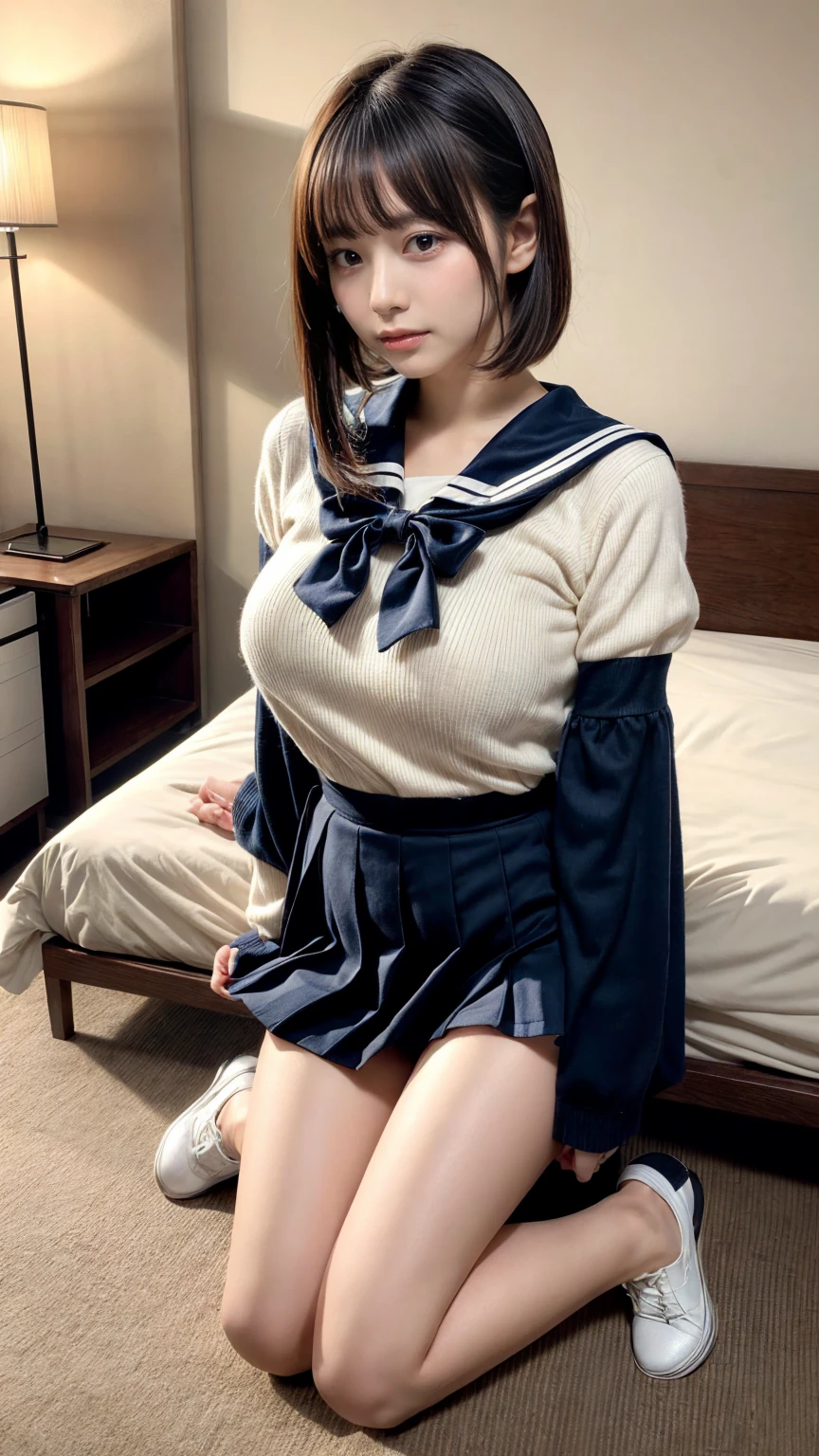 masterpiece, best quality, illustration, Super detailed, fine details, High resolution, 8K,wall paper, perfect dynamic composition,(Details High quality, realistic depiction of eyes:1.3), short hair, Black Sailor Uniform, serafuku, Navy pleated skirt, huge breasts, black hair color, Big Natural Color Lip, bold sexy pose, crying a little、 Harajuku style、20 year old girl、cute type、lolita、beautiful legs, hotel room, full body photo、focus on crotch, hposing Gravure Idol