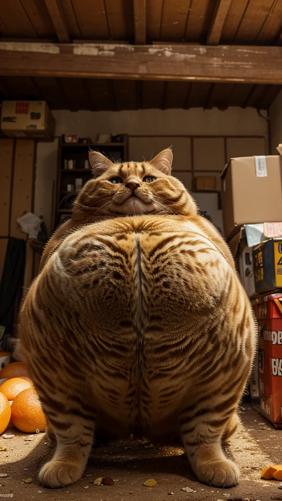 make a picture, realistic, of a cat, a fat, obese orange who is frustrated because he keeps eating junk food, the background of a dirty house and food wrappers everywhere, wide, fullbody, 8k super realistic