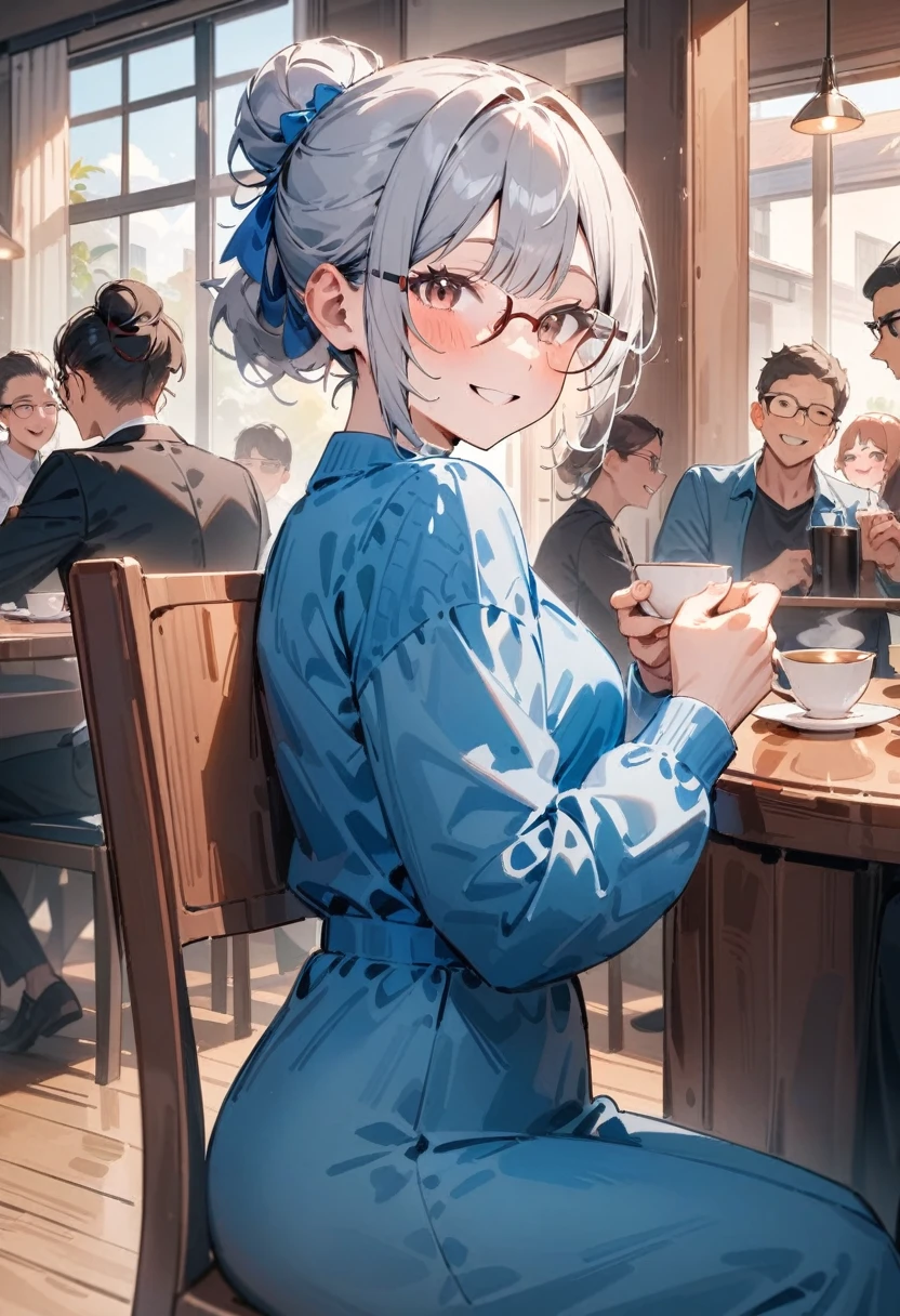 masterpiece, best quality, very aesthetic, absurdres, newest, long hair, looking at viewer, blush, smile, short hair, multiple girls, brown hair, shirt, black hair, long sleeves, dress, brown eyes, sitting, jacket, ponytail, grey hair, parted lips, multiple boys, glasses, indoors, hair bun, cup, window, blue dress, chair, table, single hair bun, own hands together, 6+boys, teacup,