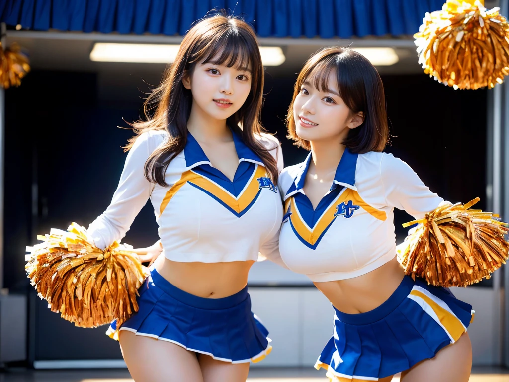 (RAW Photos, 4K, masterpiece, High resolution, Very complex) (reality的: 1.4), Cinema Lighting
((2 girls, 2 high school girls)),Blushing,((Innocent)),Bright Eyes,Round eyes,Blunt bangs,(Short Bob Hair:1.3),Black Hair,Large Breasts,Wide Hips,Summer noon, ,hot, (Highest quality), (High resolution), (Very delicate and beautiful),(Beautiful 8k face),(Brown eyes),( audience),(Huge breasts),(Play with each other,Touching each other's bodies,Touching the body),(Cheerleader:1.5),(mini skirt),(reality),Bright lighting,(The background is a room in a luxury hotel)