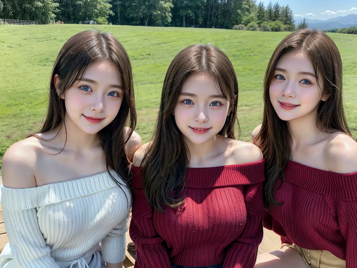 (3 girls), young faceอินโดนีเซีย, 12 years,smile, white skin, Round breast, blue eyes,((Wear a red off-the-shoulder sweater that shows off your chest..))Masterpiece, Highest quality, 8K, beautiful girl, young face、 photography, Cute face, thigh,In the meadow, Embarrassing、รอยsmile、((((((อายุ 12 years))))))、small waist、 ((big breasts))