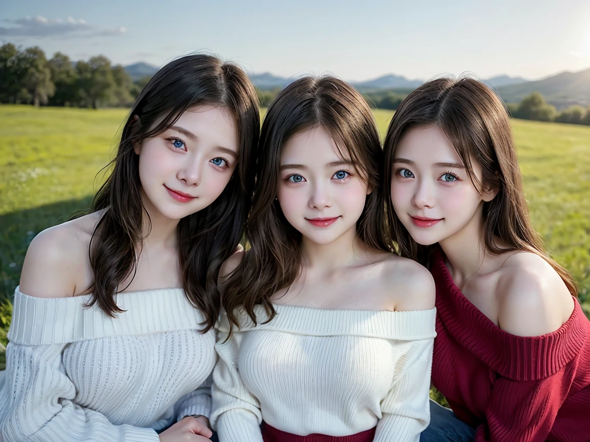 (3 girls), young faceอินโดนีเซีย, 12 years,smile, white skin, Round breast, blue eyes,((Wear a red off-the-shoulder sweater that shows off your chest..))Masterpiece, Highest quality, 8K, beautiful girl, young face、 photography, Cute face, thigh,In the meadow, Embarrassing、รอยsmile、((((((อายุ 12 years))))))、small waist、 ((big breasts))
