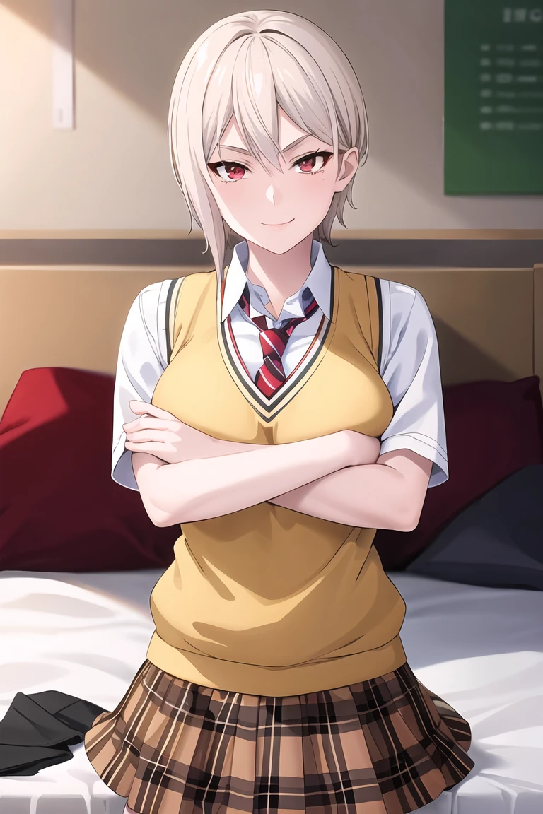 masterpiece, best quality, AliceKV4, 1girl, solo, looking at viewer, smile, parody, anime coloring, skirt, sitting, , necktie, plaid, kneehighs, plaid skirt, crossed arms, crossed legs, striped necktie, ((upper body)), sweater vest, big breasts, room, bed, indoors