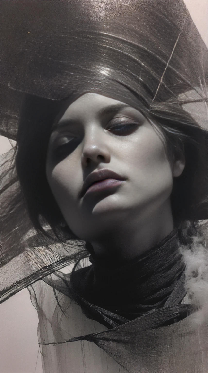 image of a very beautiful lady face enveloped in a smoke-like material, appears to be merging with the air around them, high contrast between the dark background and the bright, glowing texture of the material to give a feeling of emergence or transformation, monochrome shades to enhance the mysterious and intense atmosphere - red, black and gold, onyxia, metallic color palette g0s1