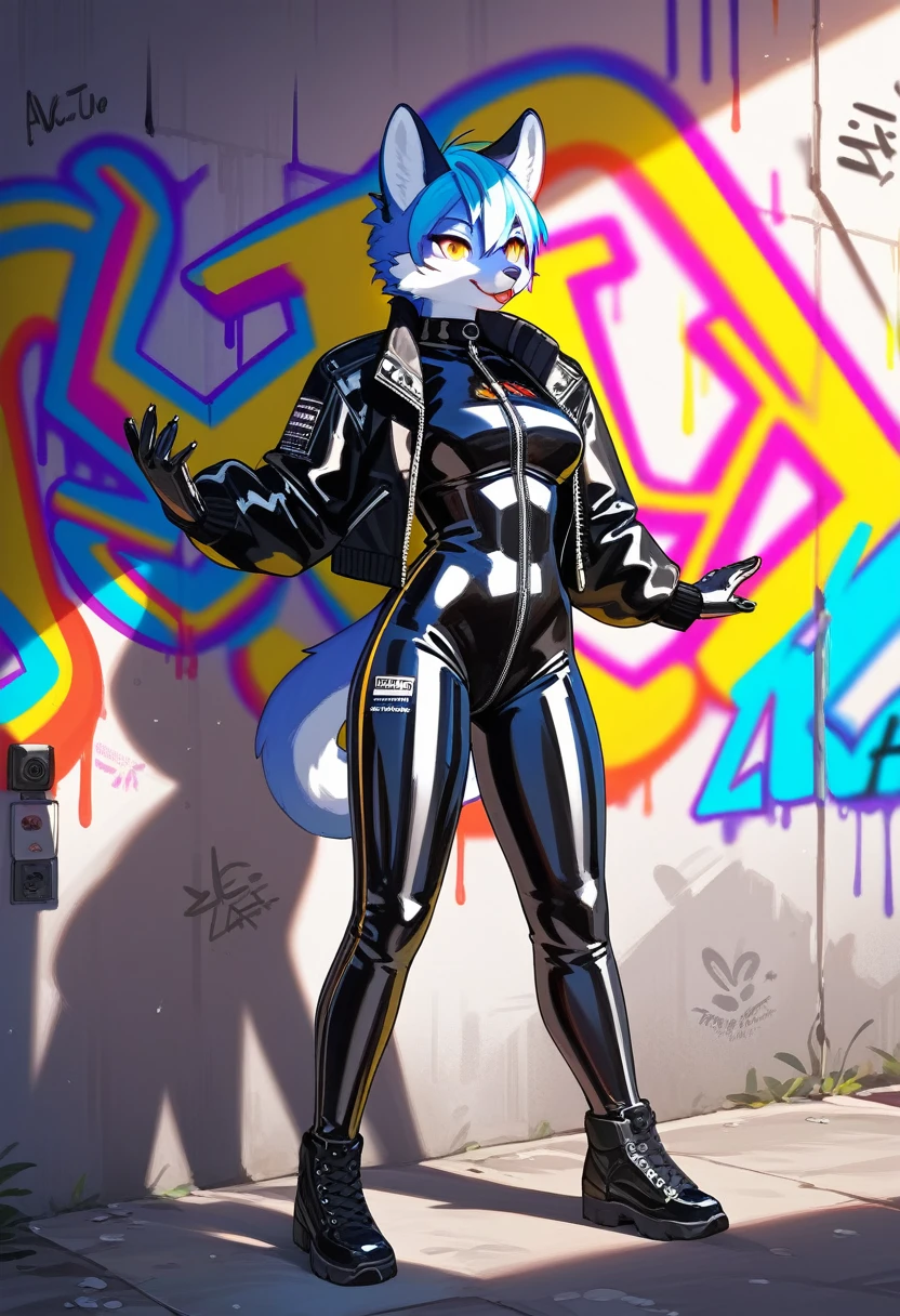 animation, Highest quality, Highest quality, High quality illustrations, masterpiece, Ultra-high resolution, Detailed Background, Alley, Graffiti art on the wall, Absurd, Perfect Anatomy, performance, Good lighting, Shadows in the movies(kemono, Furry Personifi猫ion), Rubber suit, latex, neon, neonライト, neonカラー, Bodysuits, Cyber Suit, Leather Half Jacket, cyber punk, Leaning against the wall