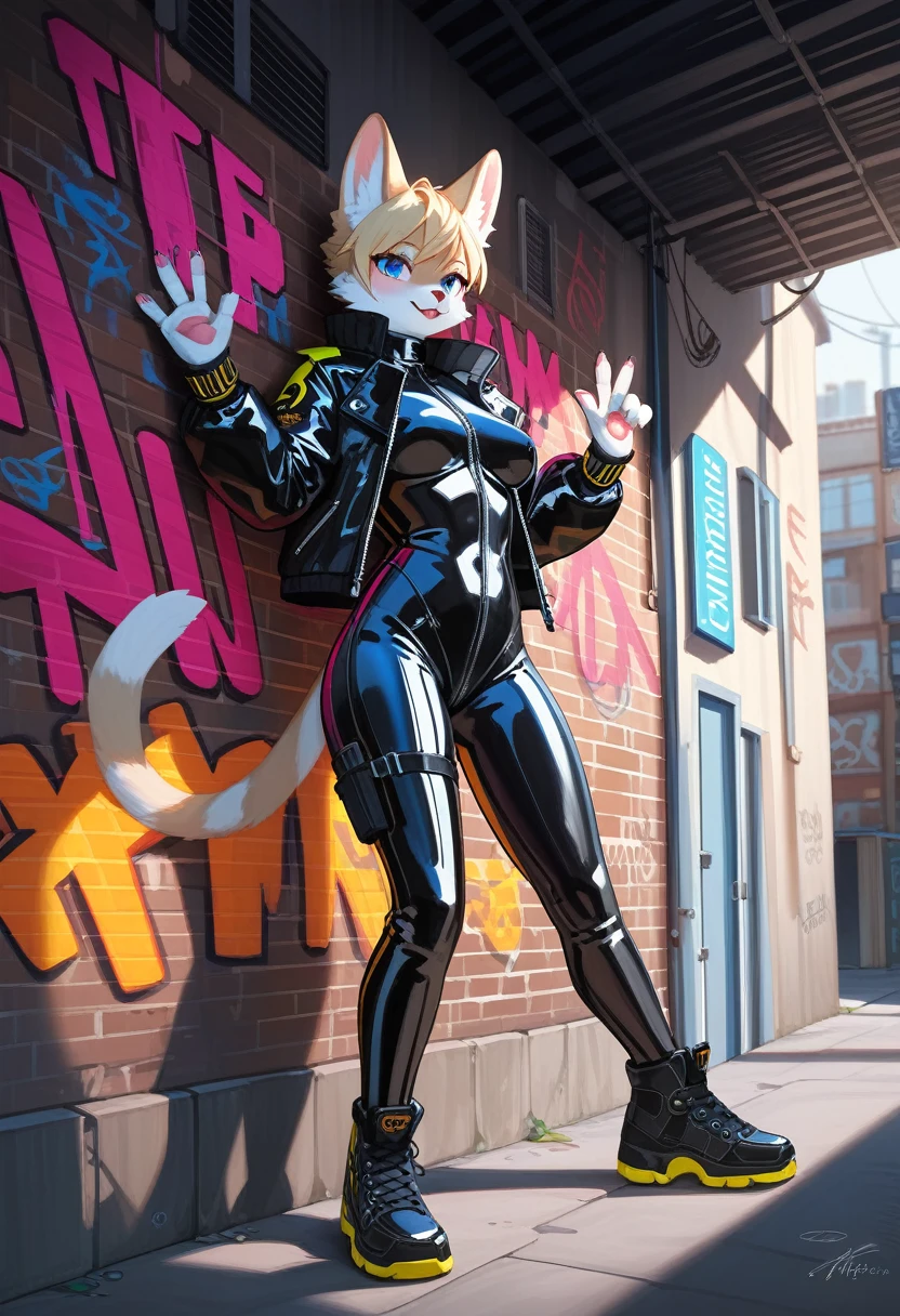 animation, Highest quality, Highest quality, High quality illustrations, masterpiece, Ultra-high resolution, Detailed Background, Alley, Graffiti art on the wall, Absurd, Perfect Anatomy, performance, Good lighting, Shadows in the movies(kemono, Furry Personifi猫ion), Rubber suit, latex, neon, neonライト, neonカラー, Bodysuits, Cyber Suit, Leather Half Jacket, cyber punk, Leaning against the wall