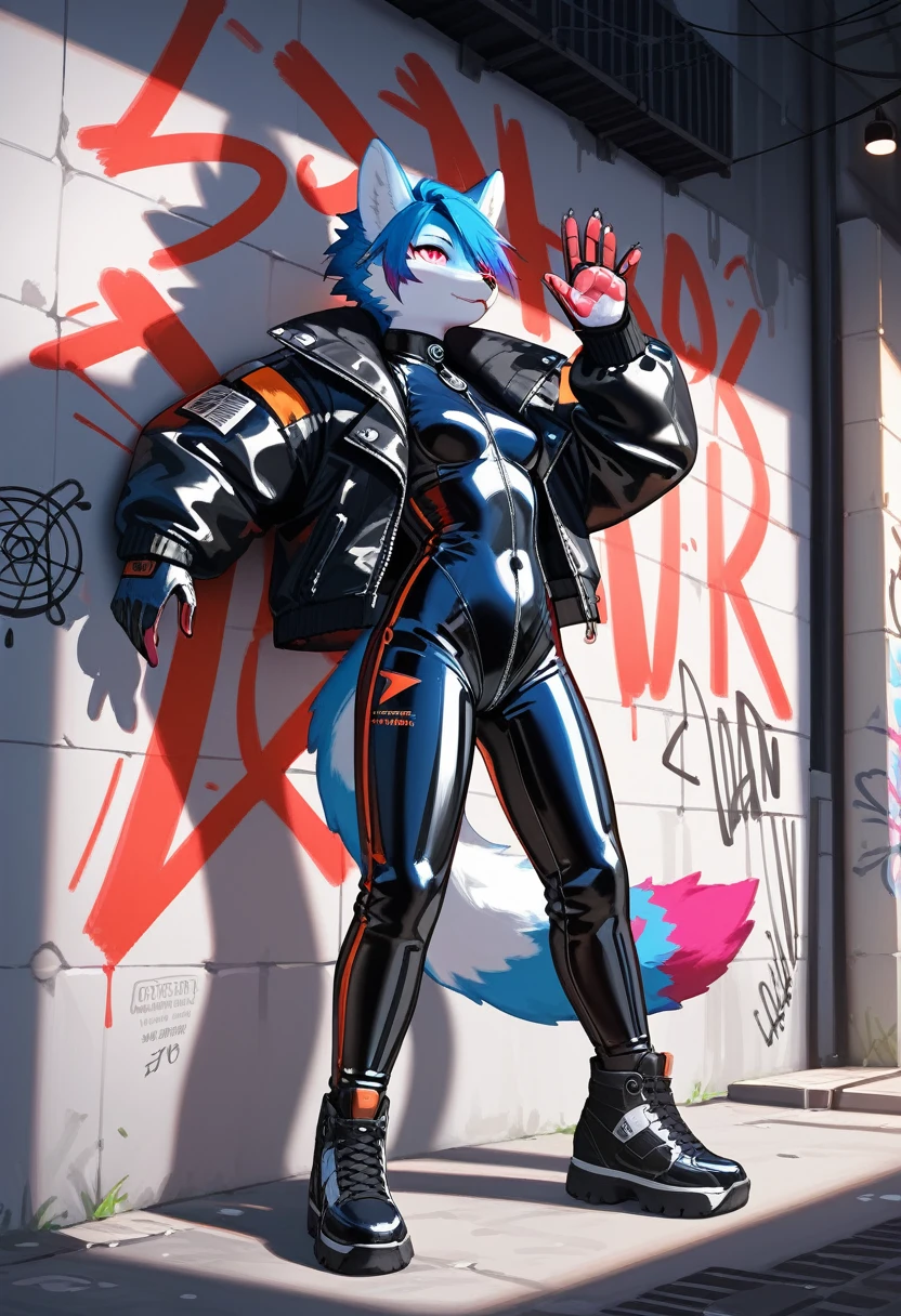animation, Highest quality, Highest quality, High quality illustrations, masterpiece, Ultra-high resolution, Detailed Background, Alley, Graffiti art on the wall, Absurd, Perfect Anatomy, performance, Good lighting, Shadows in the movies(kemono, Furry Personifi猫ion), Rubber suit, latex, neon, neonライト, neonカラー, Bodysuits, Cyber Suit, Leather Half Jacket, cyber punk, Leaning against the wall